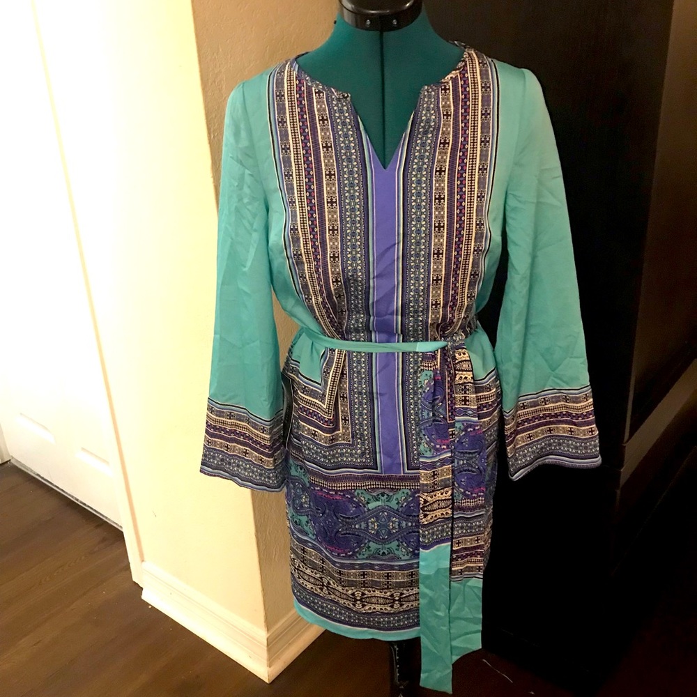 Kimono 3/4 Sleeve Teal Tie Waist Dress with Oriental Design